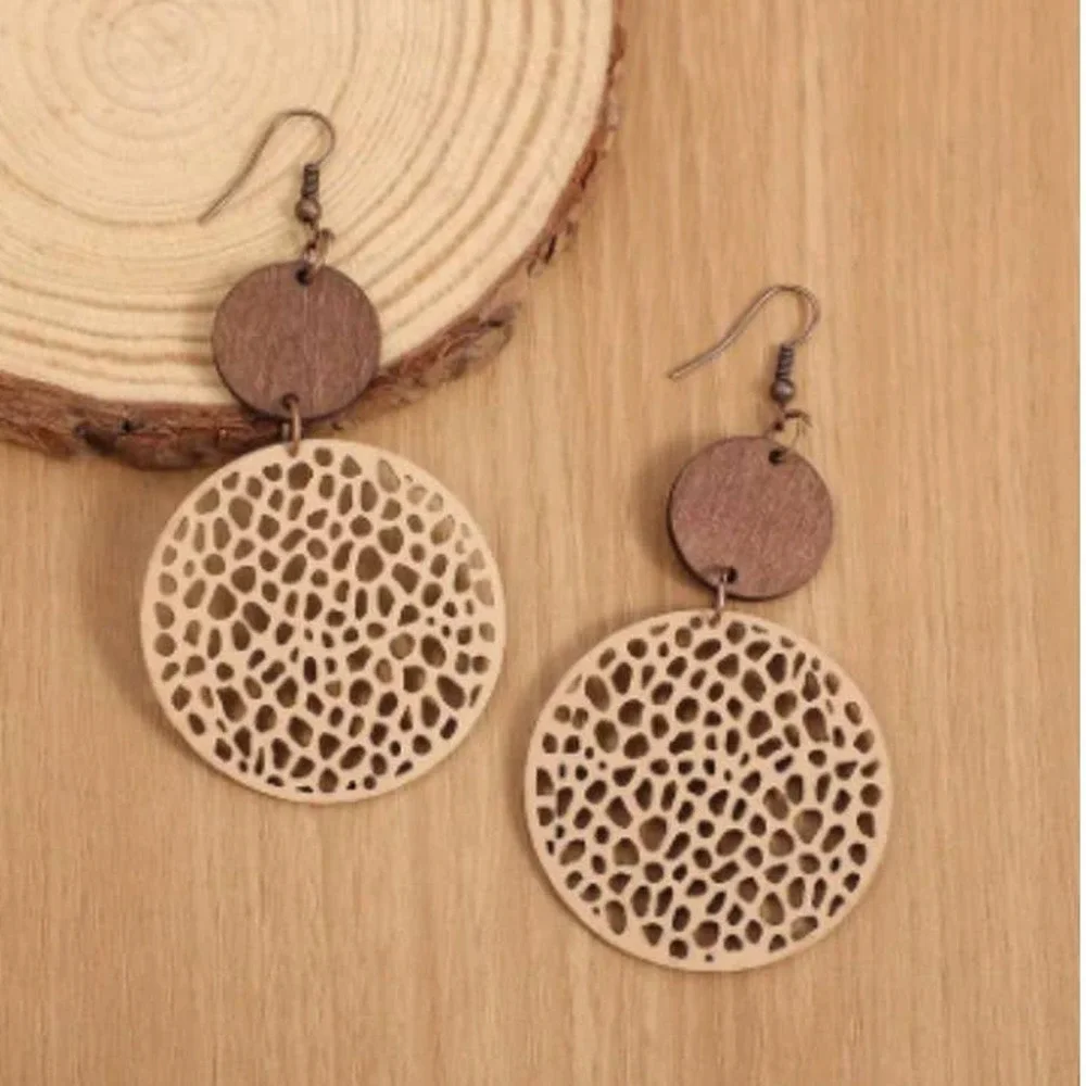 Round Khaki Drop Earrings Bohemian Vintage Wooden Leather‎ Earrings
